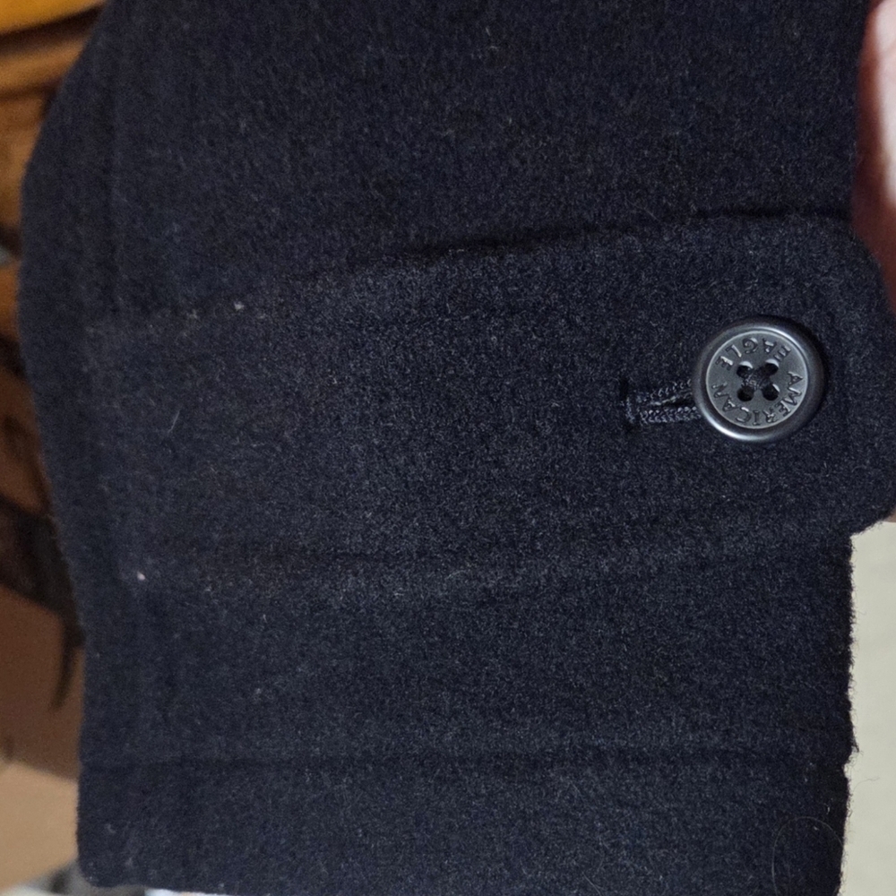 American Eagle Wool Blend Navy Blue Hooded Duffel Coat Horn Toggle Size Large - Picture 5 of 6